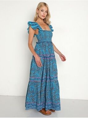 Cleobella Blue Printed Tiered Maxi Dress with Ruffle Straps